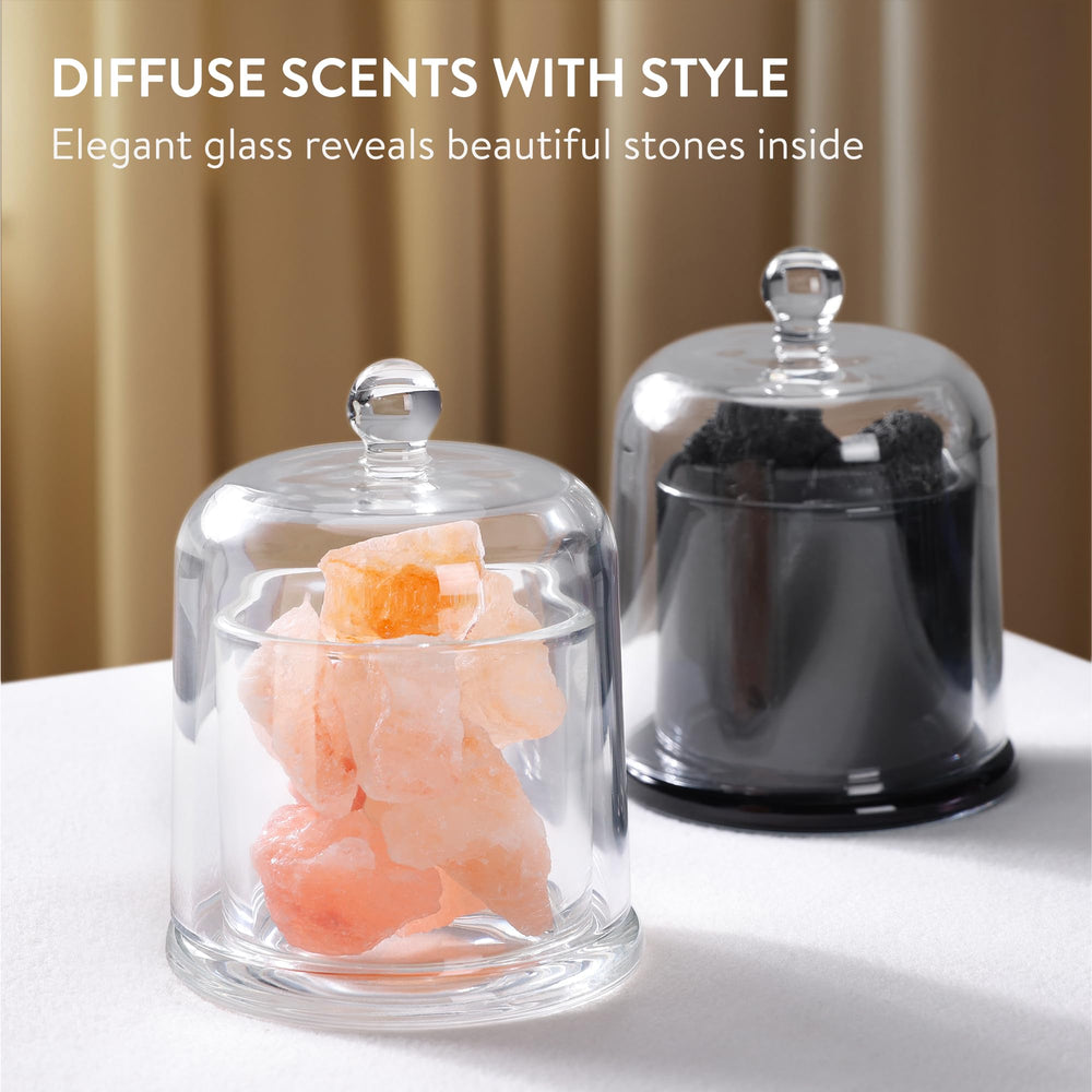Navaris diffuser with protective lid keeps pink stones dust-free while visible