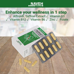 NAVEH PHARMA Saffrox capsule close-up shows saffron extract dose for mood balance