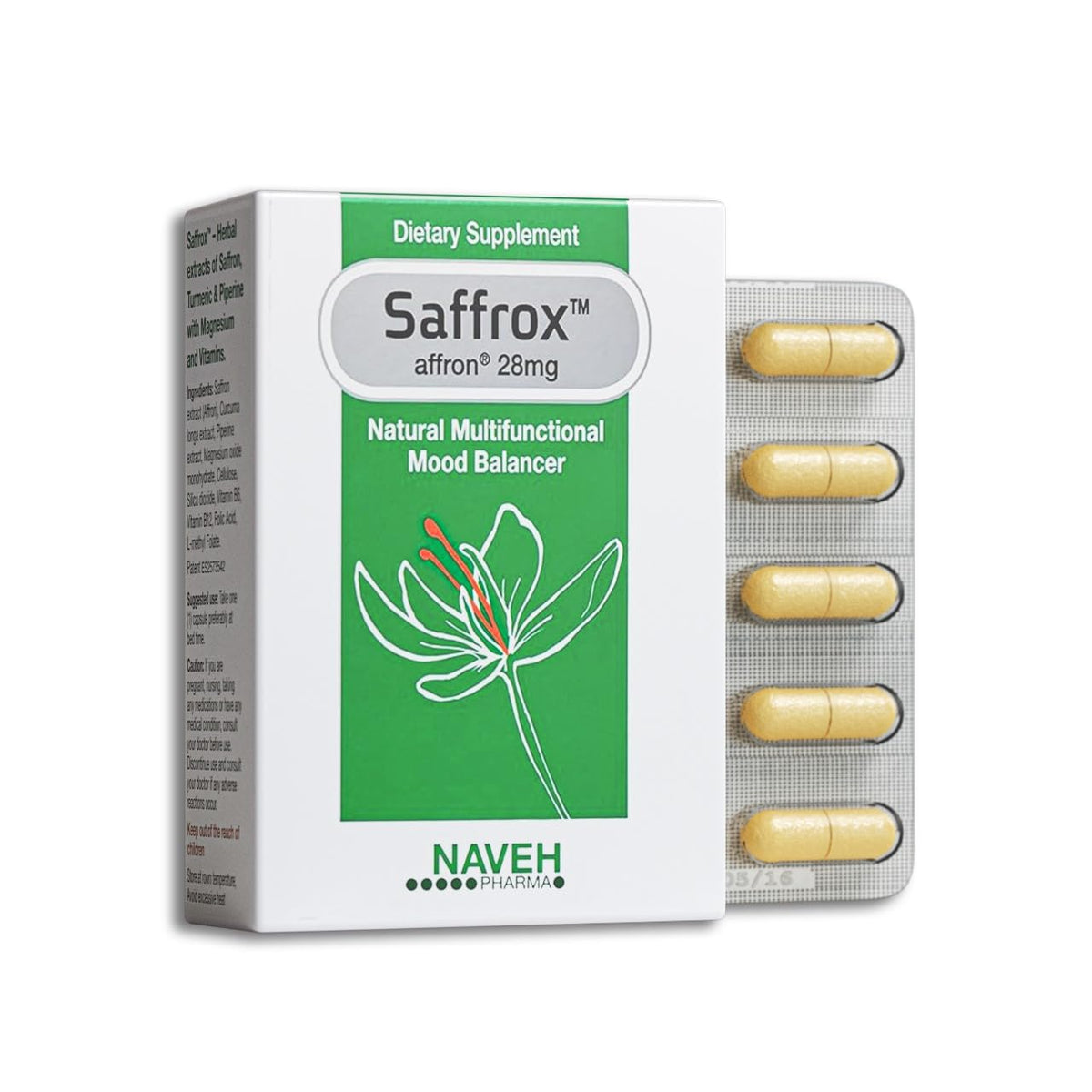 NAVEH PHARMA Saffrox mood bottle label highlights saffron support for daily balance