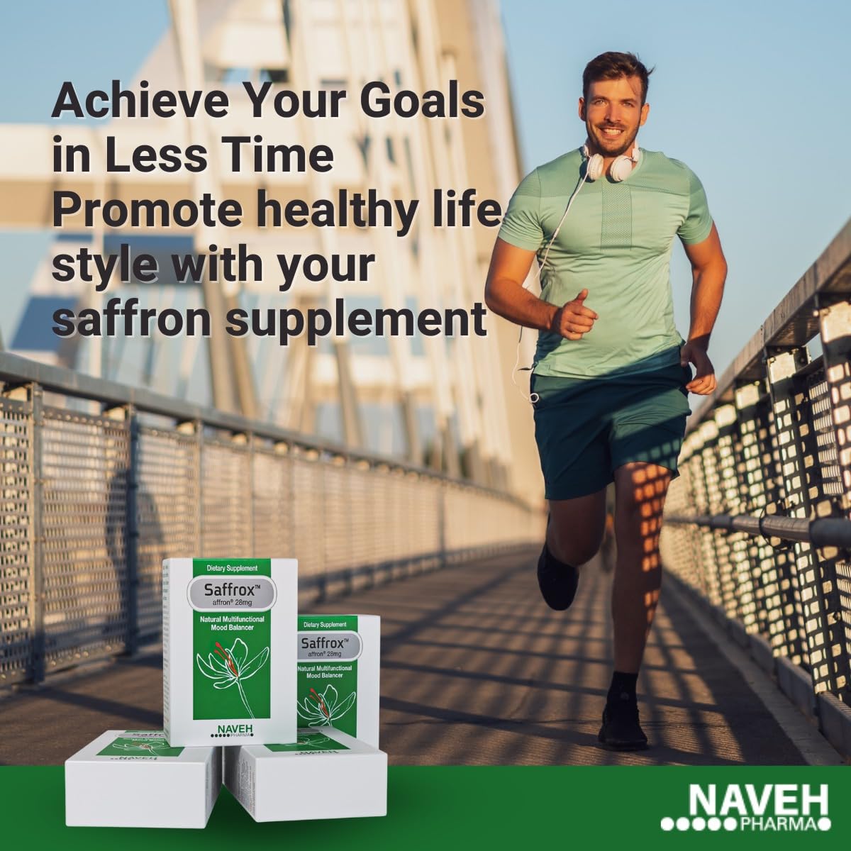 NAVEH PHARMA Saffrox pack-front communicates vegan, Non-GMO, chemical-free formulation