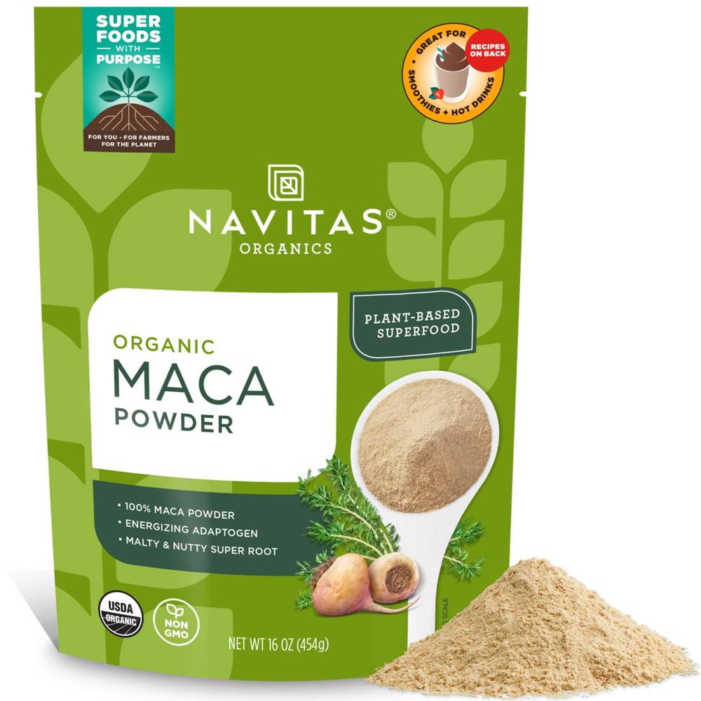 Navitas Organics Maca Powder bag-16oz, ideal for pantry storage and daily smoothie prep.