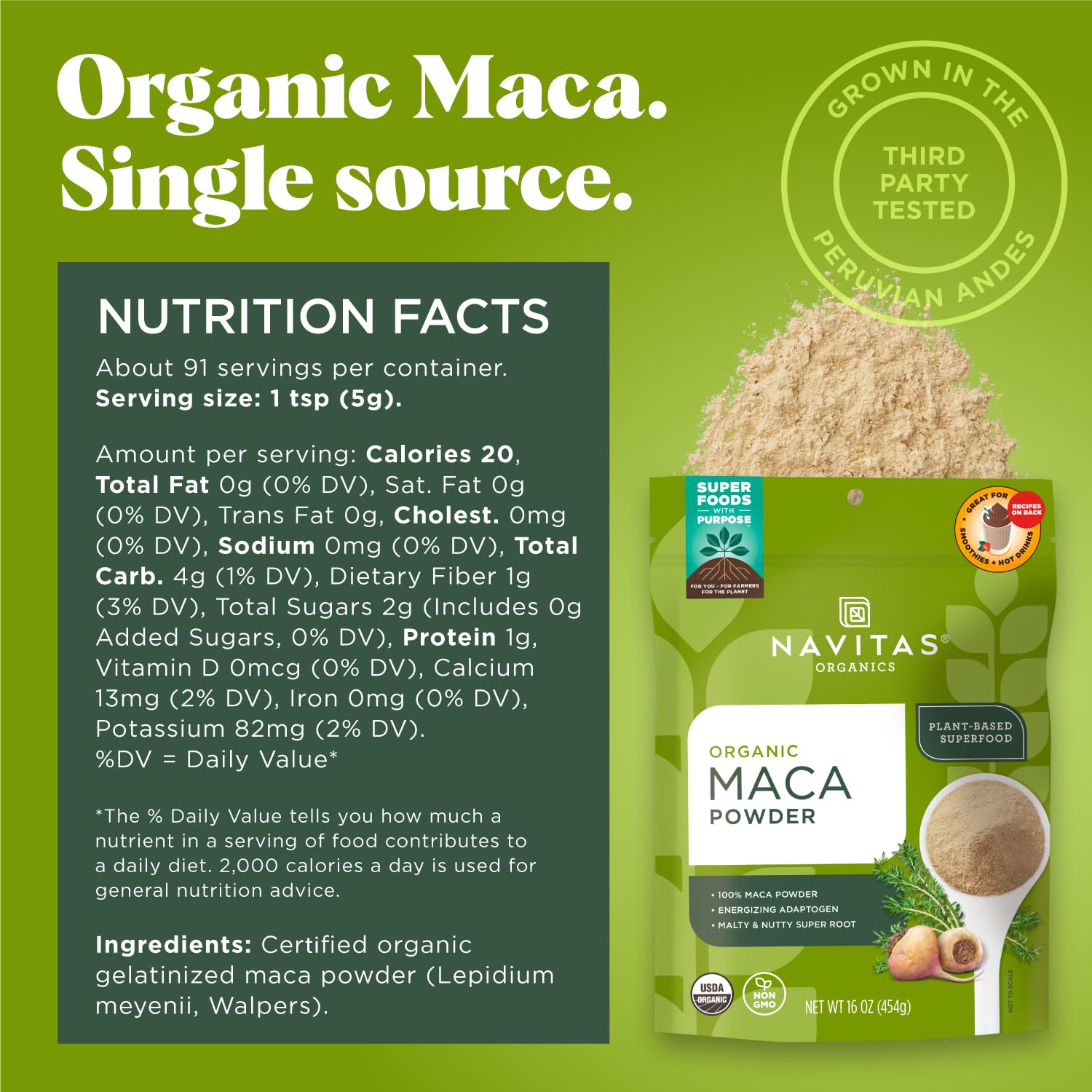 Navitas Organics Maca Powder scoop—easy measuring for shakes and baking.