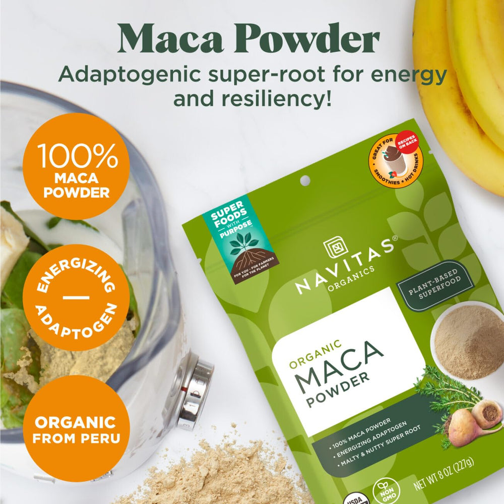 The Navitas Organics Maca Powder is smoothie-ready with a malty flavor for morning drinks.
