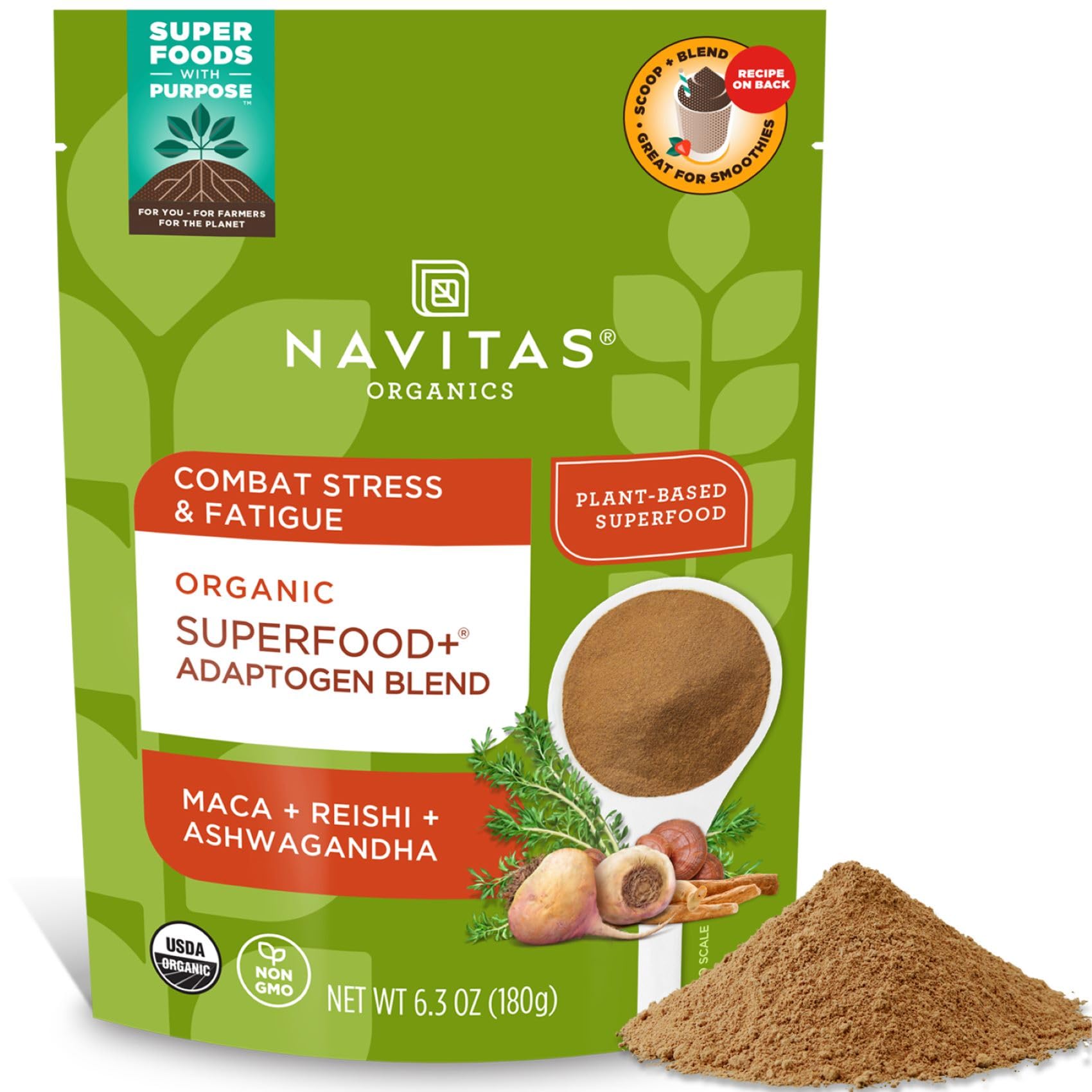 Navitas Organics Adaptogen Blend bag closeup highlighting a convenient smoothie boost