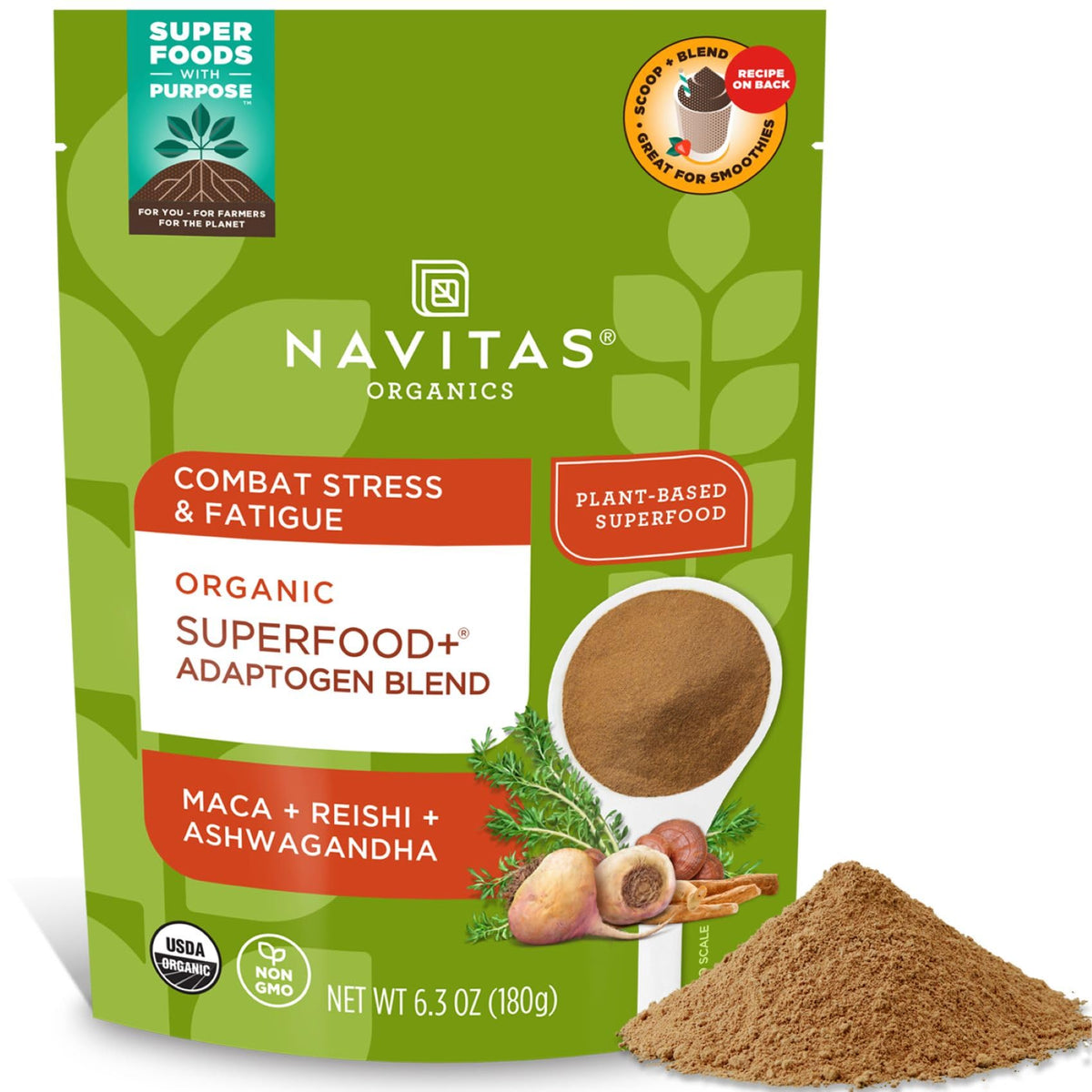 Navitas Organics Adaptogen Blend bag closeup highlighting a convenient smoothie boost