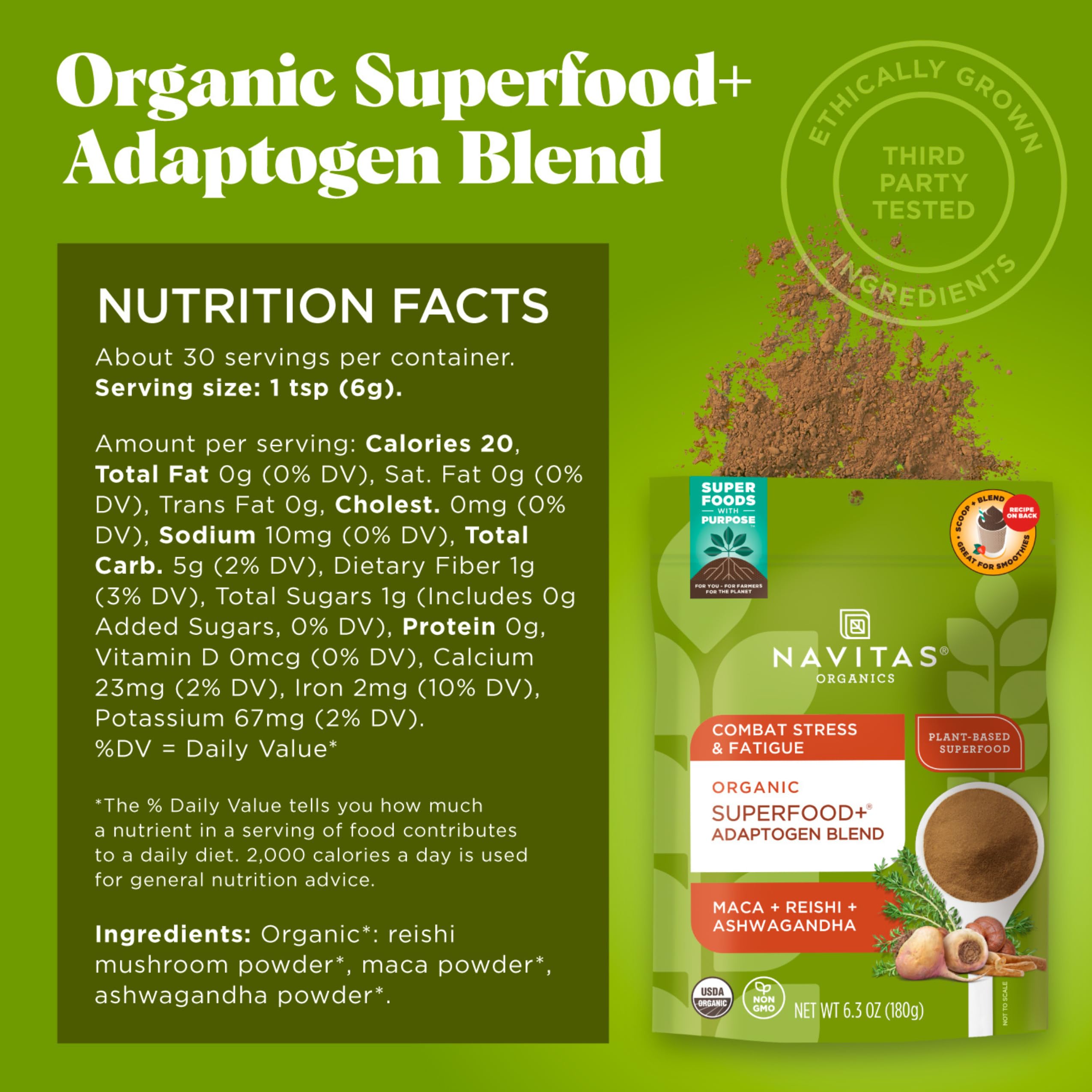 Navitas Organics Adaptogen Blend pour in smoothie illustrating quick energy support