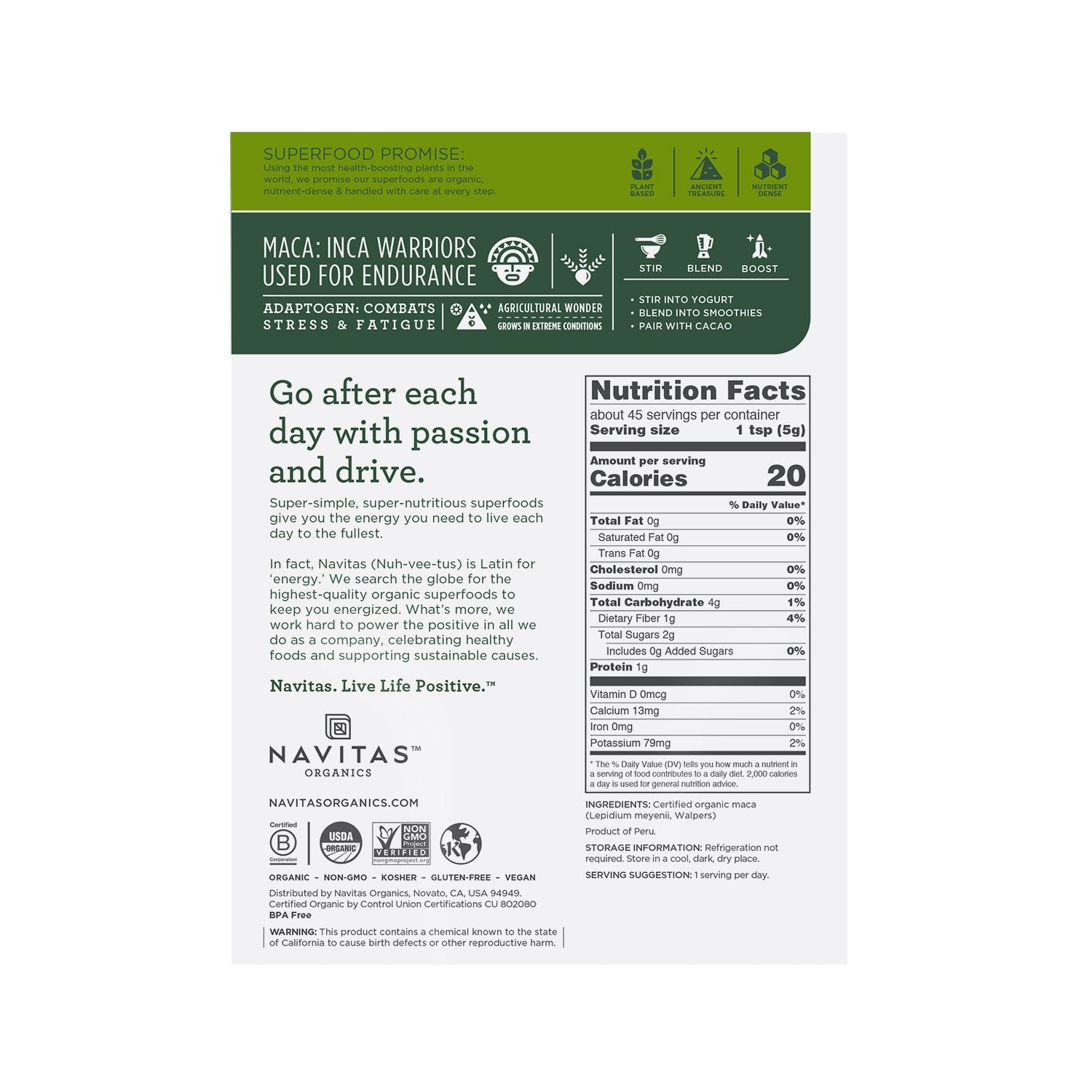 Navitas Organics Maca Powder scoop beside the bag for easy, measured dosing.