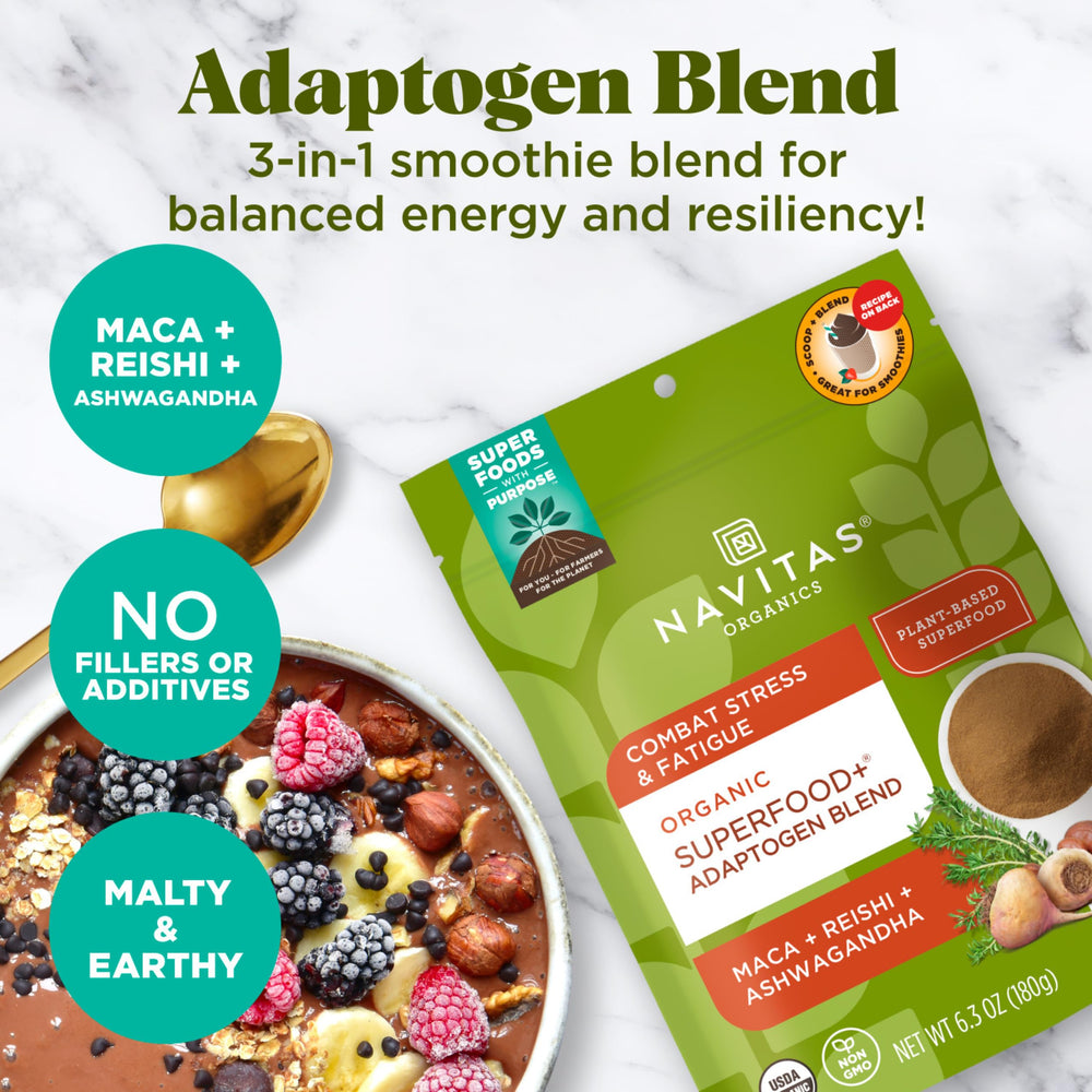 Navitas Organics Maca Reishi Ashwagandha ingredients panel for natural energy balance