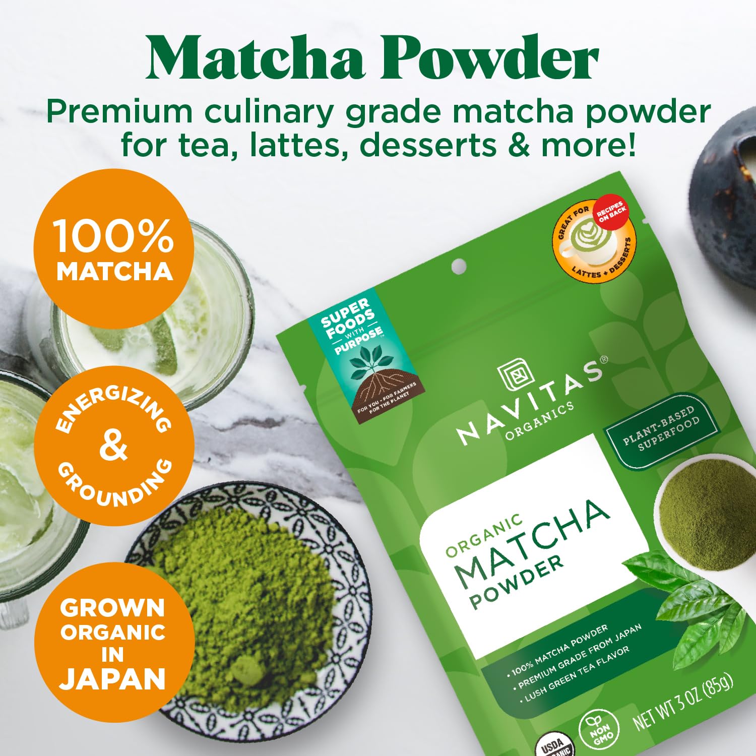 Navitas Organics Matcha powder jar back label with EGCG and L-theanine notes