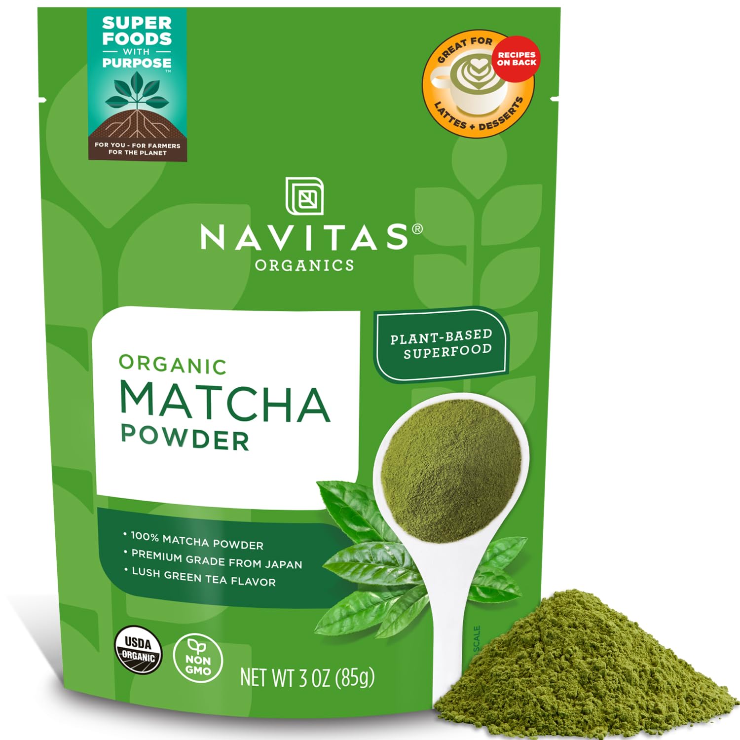 Navitas Organics Matcha powder jar front showing vibrant green powder for energizing drinks
