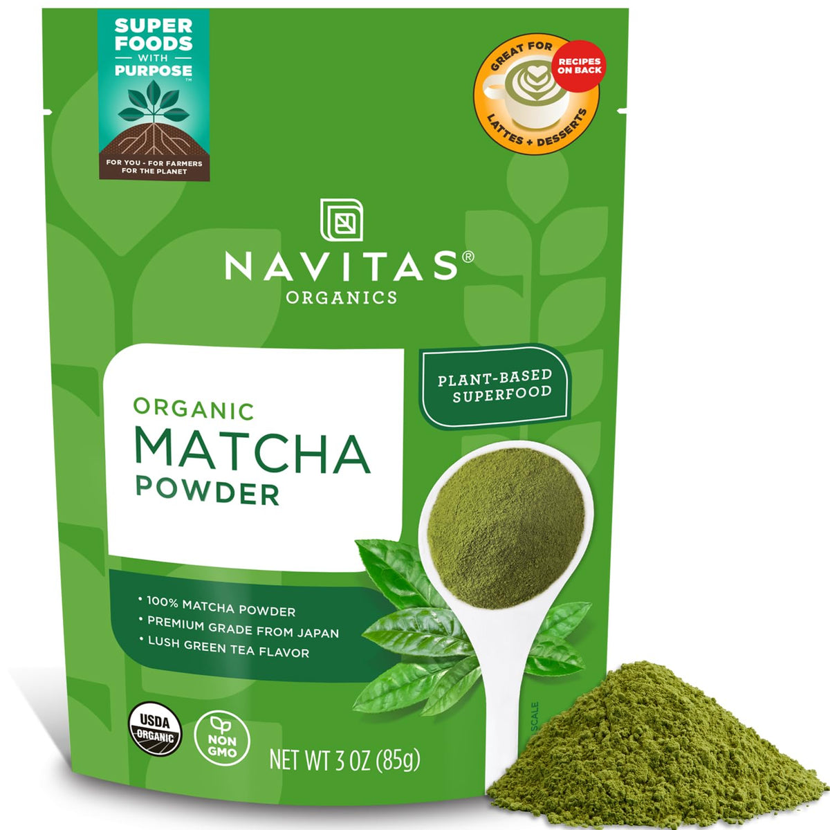 Navitas Organics Matcha powder jar front showing vibrant green powder for energizing drinks