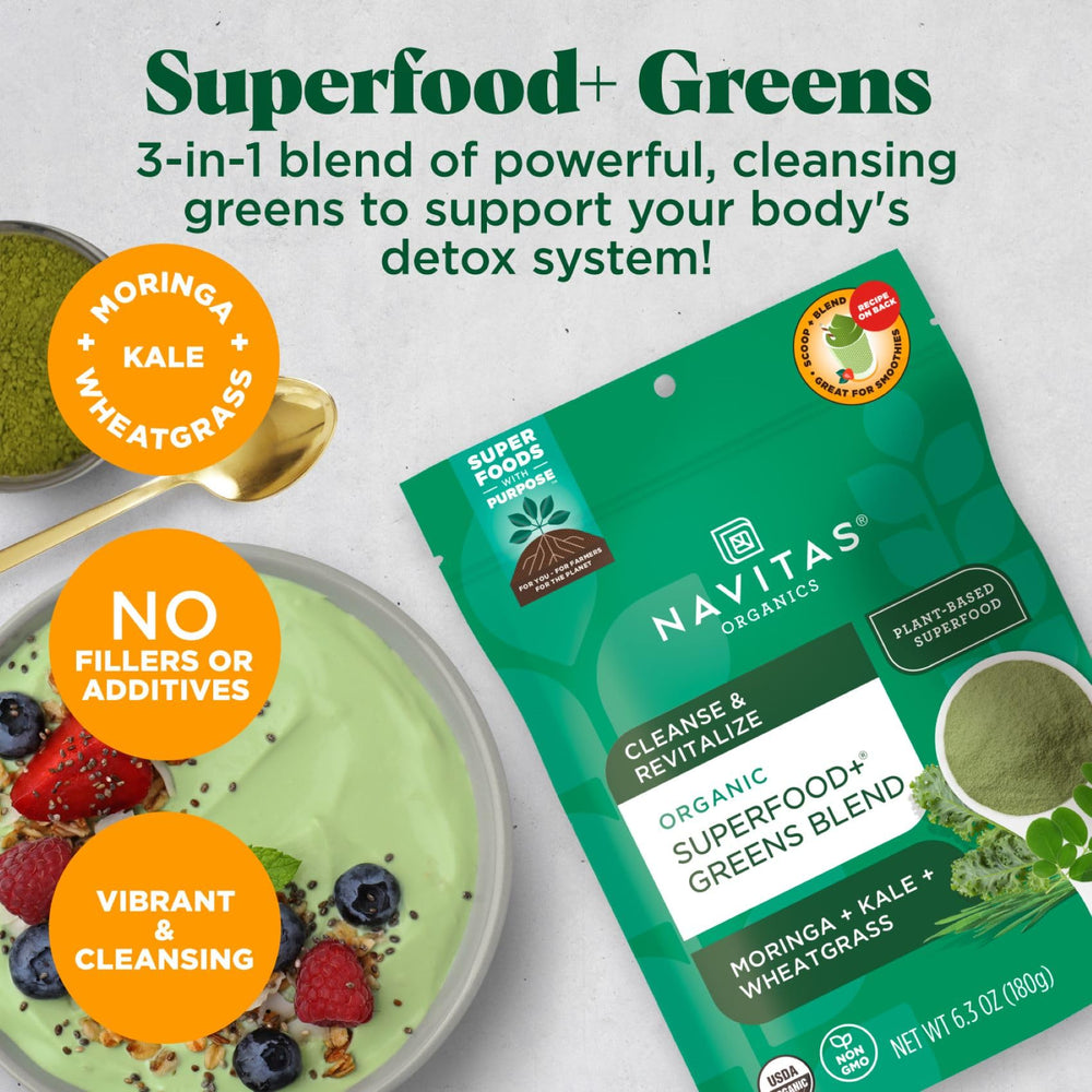 Navitas Organics Superfood+ greens blend bag ready for use