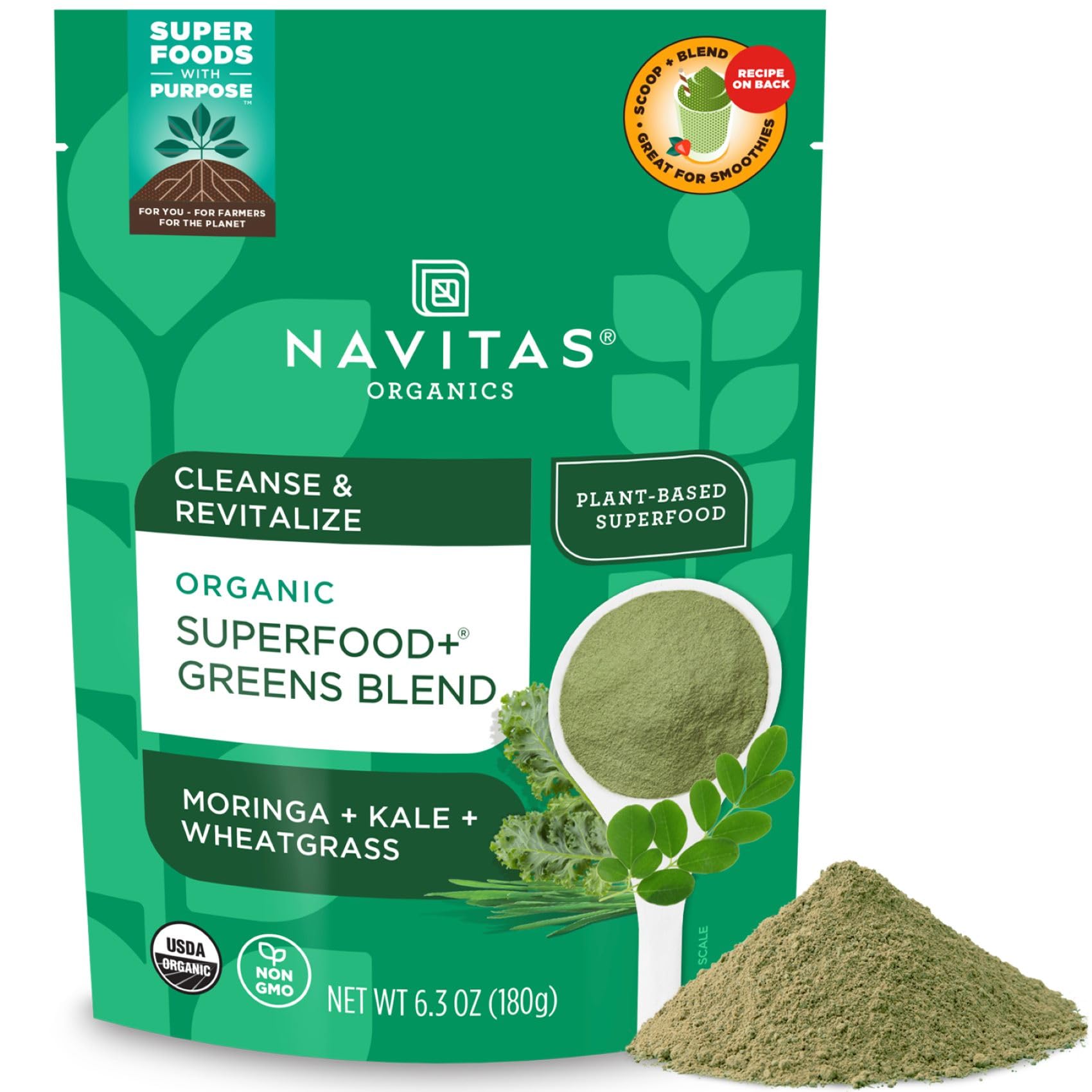 Navitas Organics Superfood+ greens blend bottle for daily detox support