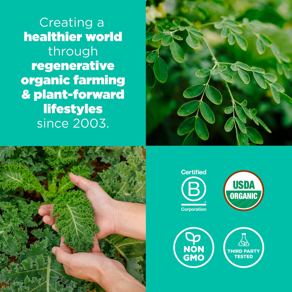 Jar label on Navitas Organics greens blend highlighting organic and vegan attributes