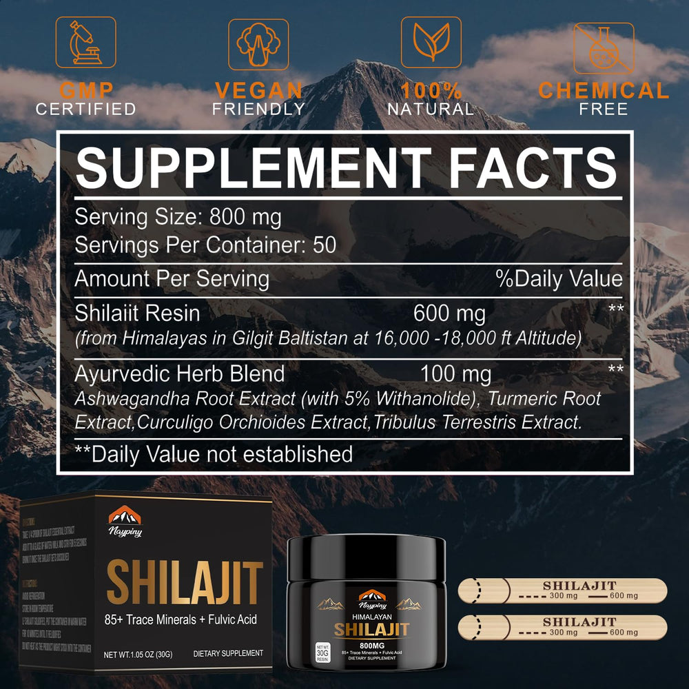 Naypiny Shilajit Resin bottle with dosing sticks for precise measurement.