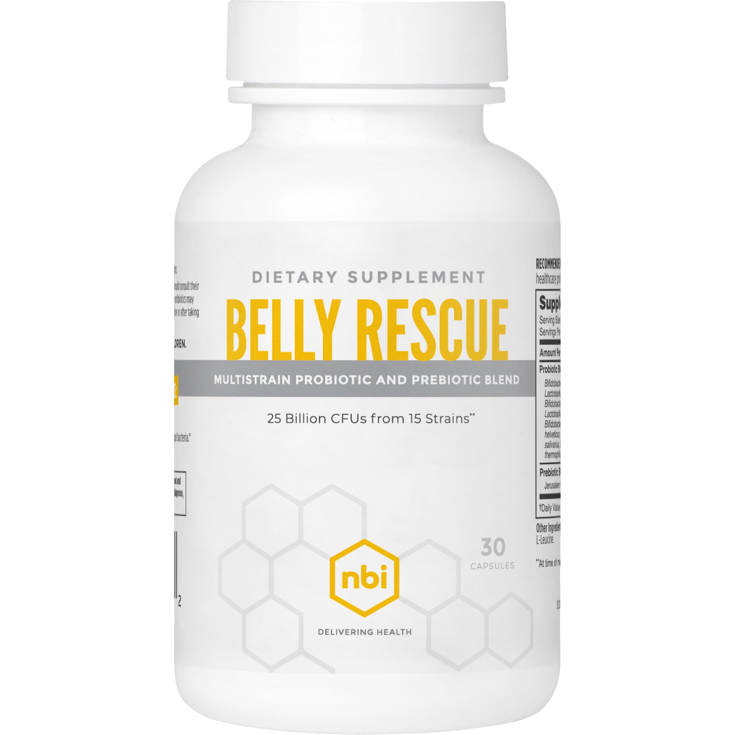NBI Belly Rescue bottle closeup, shelf-stable daily probiotic for digestive comfort.