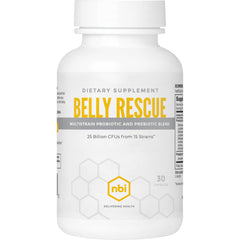 NBI Belly Rescue bottle closeup, shelf-stable daily probiotic for digestive comfort.