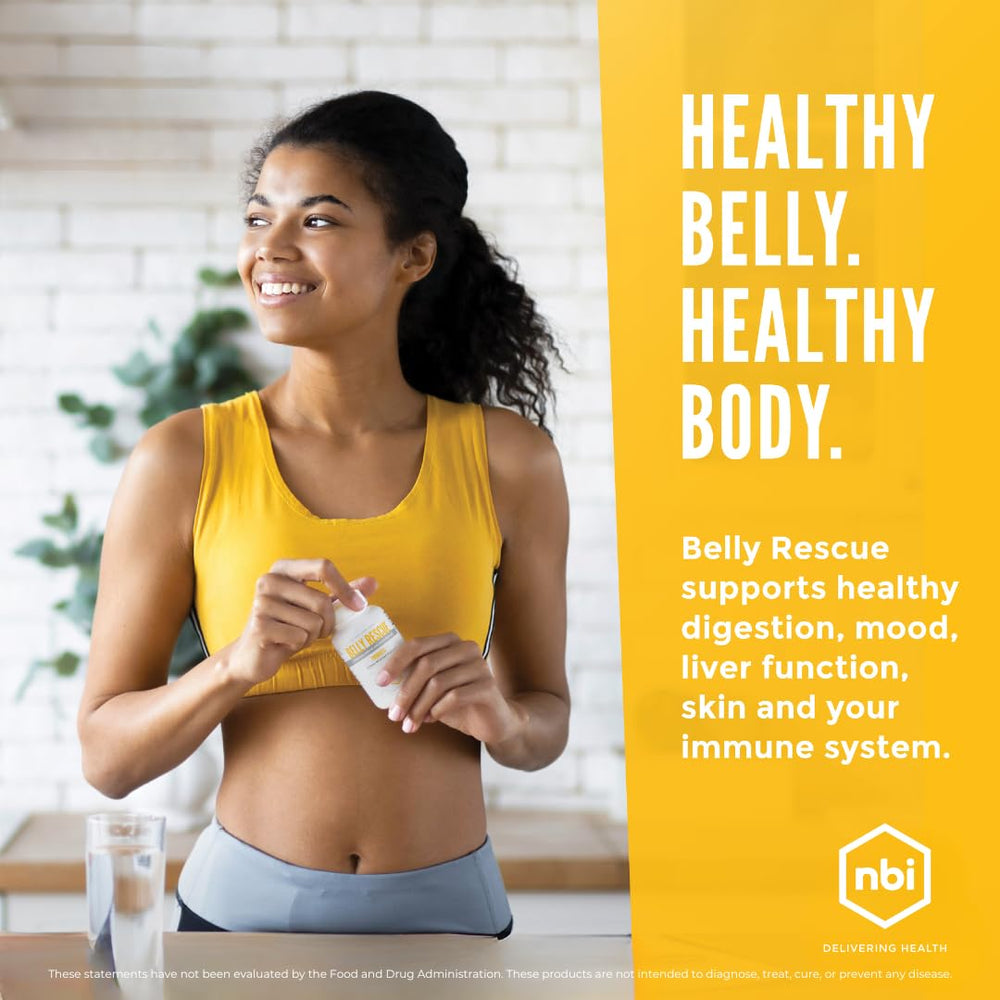 NBI Belly Rescue capsule with glass of water, simple daily use.