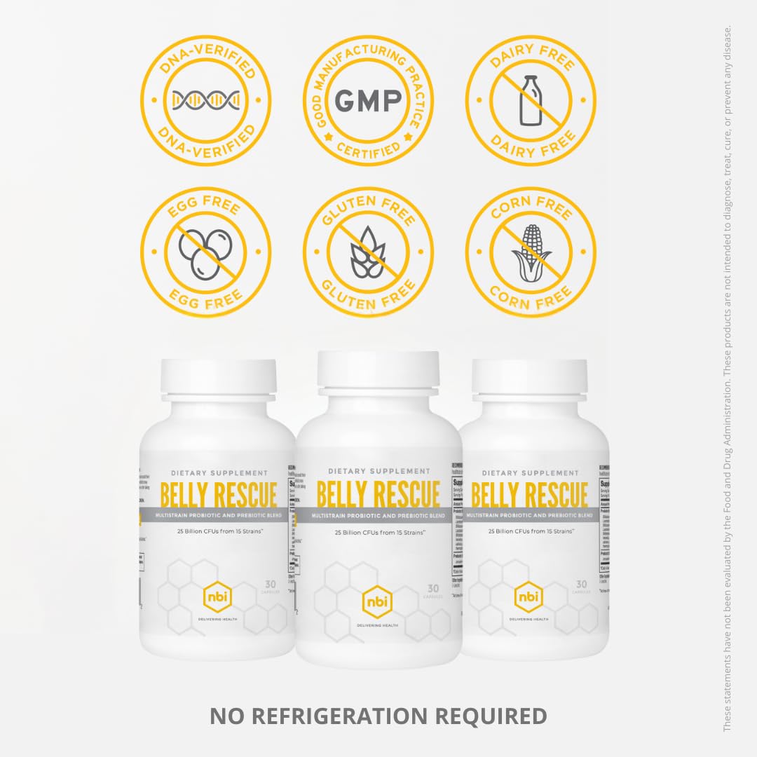 NBI Belly Rescue digestive support graphic, illustrating diverse probiotic strains for gut balance.