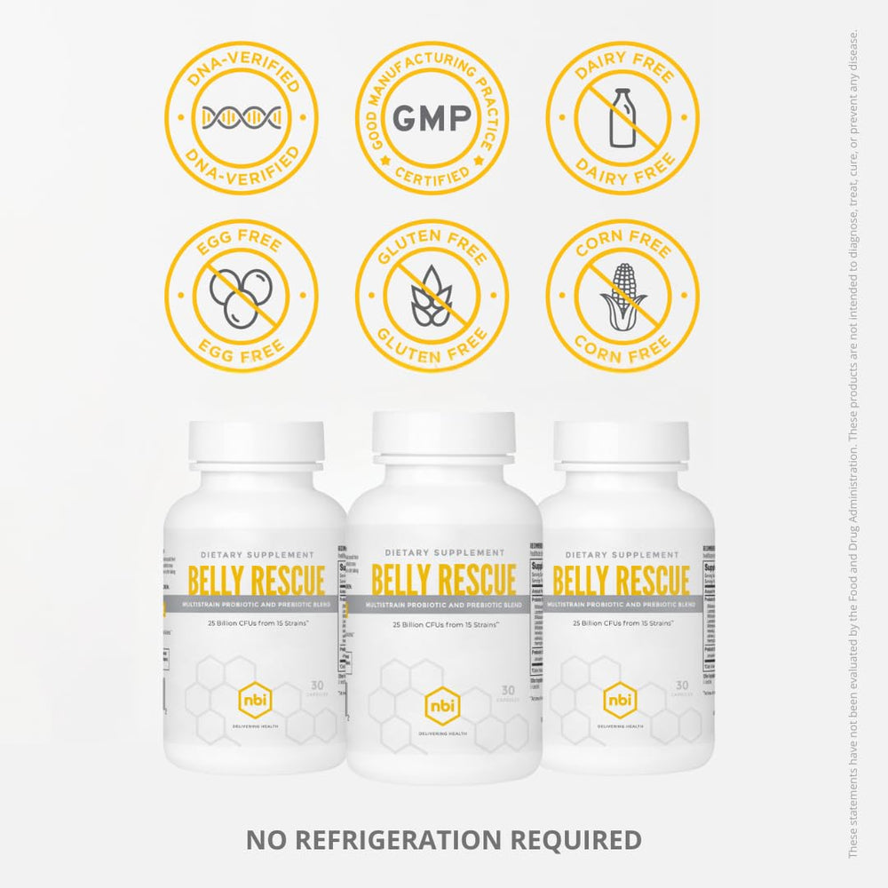 NBI Belly Rescue digestive support graphic, illustrating diverse probiotic strains for gut balance.