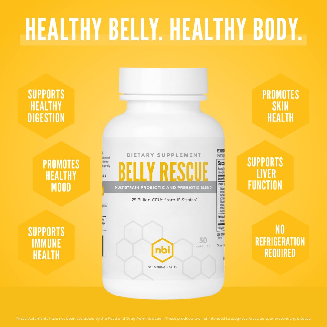 NBI Belly Rescue prebiotic fiber visual, showing 100 mg fiber per capsule.