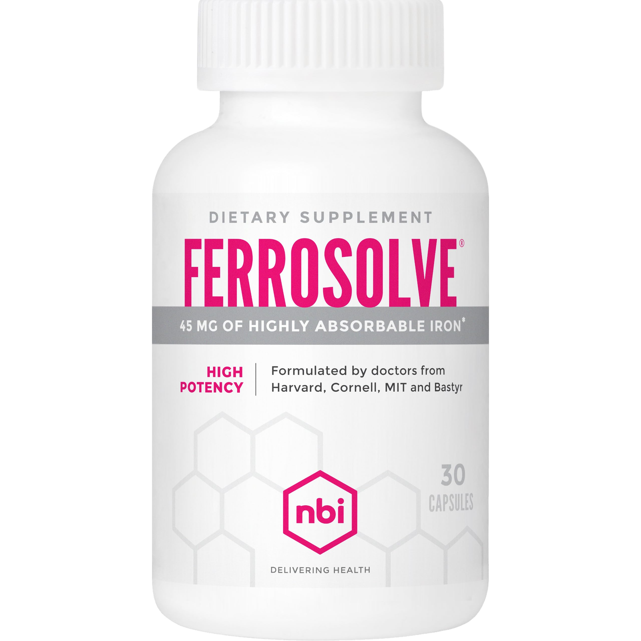 NBI FerroSolve bottle front with 30 veggie capsules for daily energy support.