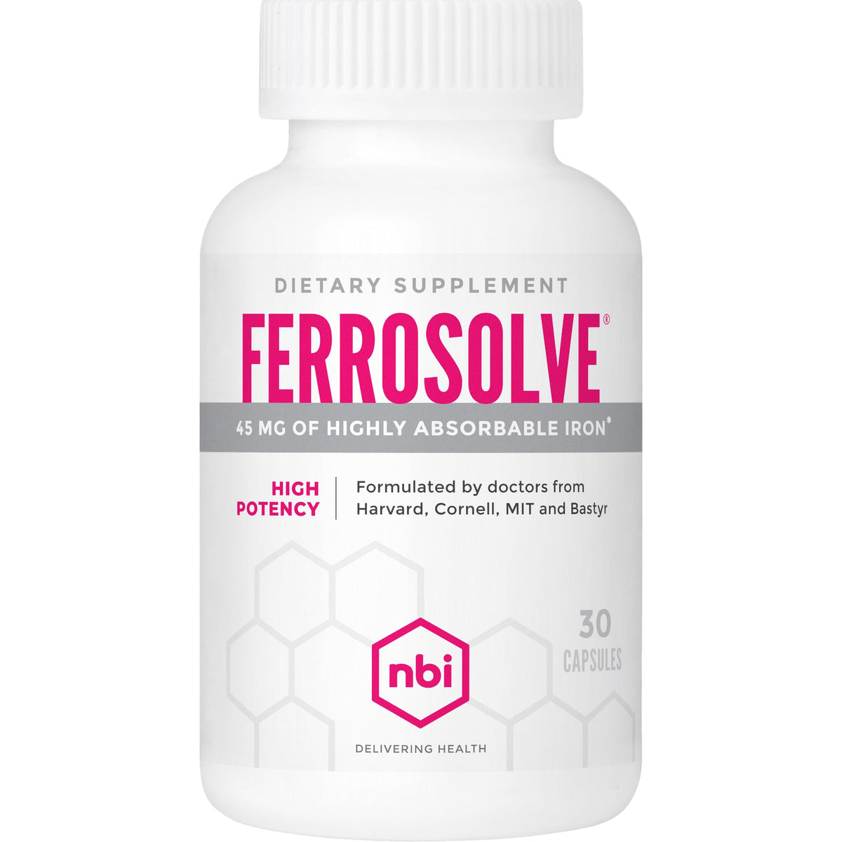 NBI FerroSolve bottle front with 30 veggie capsules for daily energy support.