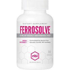NBI FerroSolve bottle front with 30 veggie capsules for daily energy support.