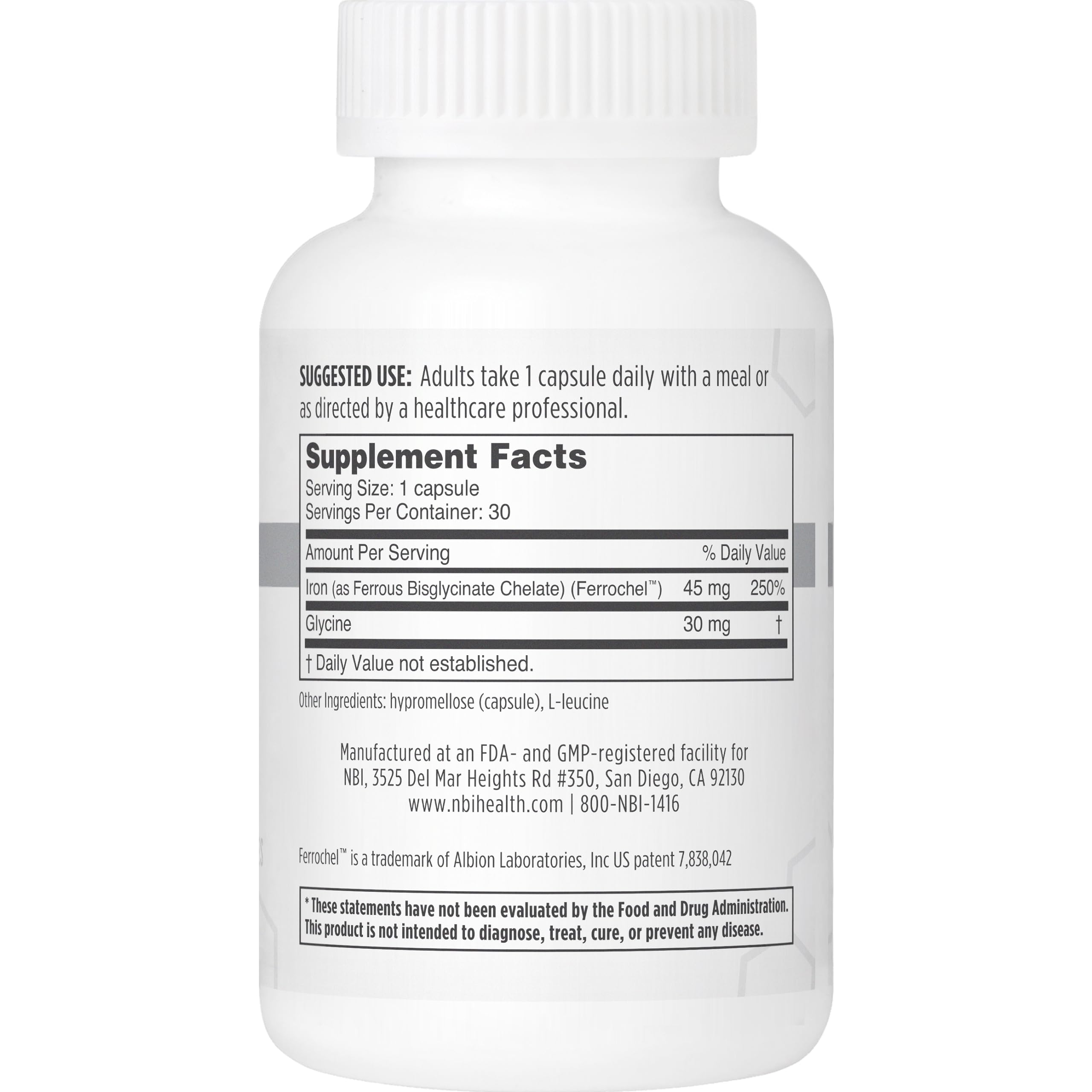 Close-up of NBI FerroSolve capsules showing veggie form for GI-safe iron.