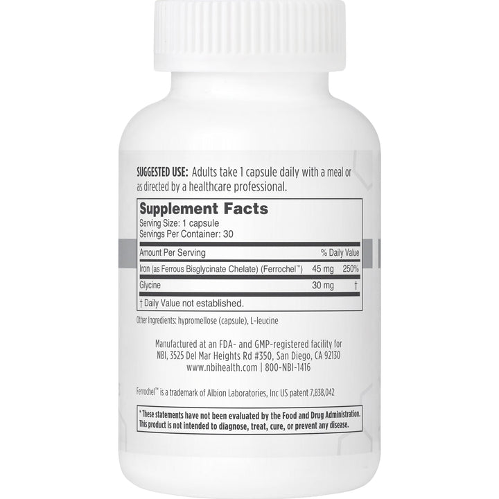 Close-up of NBI FerroSolve capsules showing veggie form for GI-safe iron.