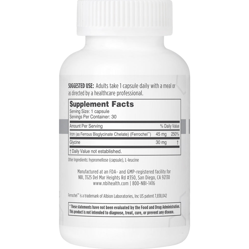 Close-up of NBI FerroSolve capsules showing veggie form for GI-safe iron.
