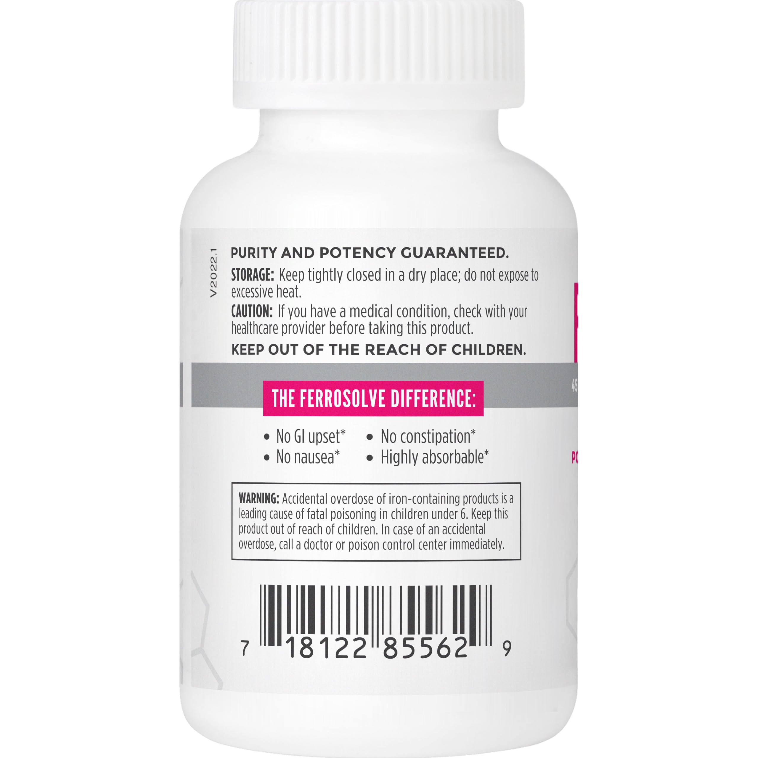 Label on NBI FerroSolve bottle highlights 45 mg chelated iron for absorption.
