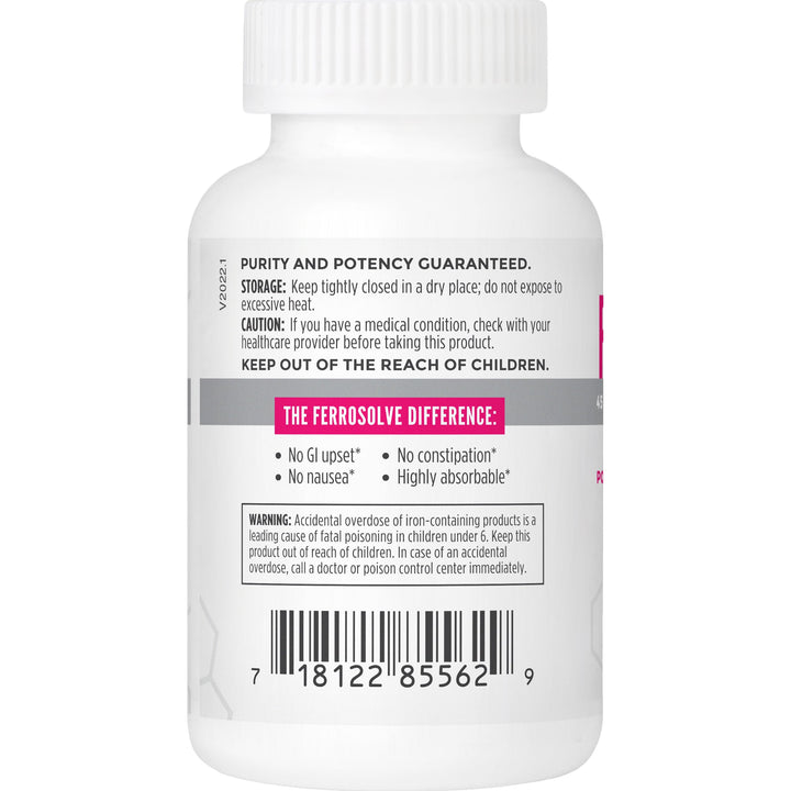 Label on NBI FerroSolve bottle highlights 45 mg chelated iron for absorption.