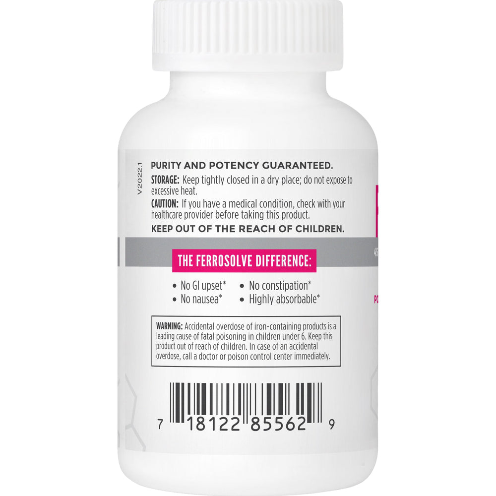 Label on NBI FerroSolve bottle highlights 45 mg chelated iron for absorption.