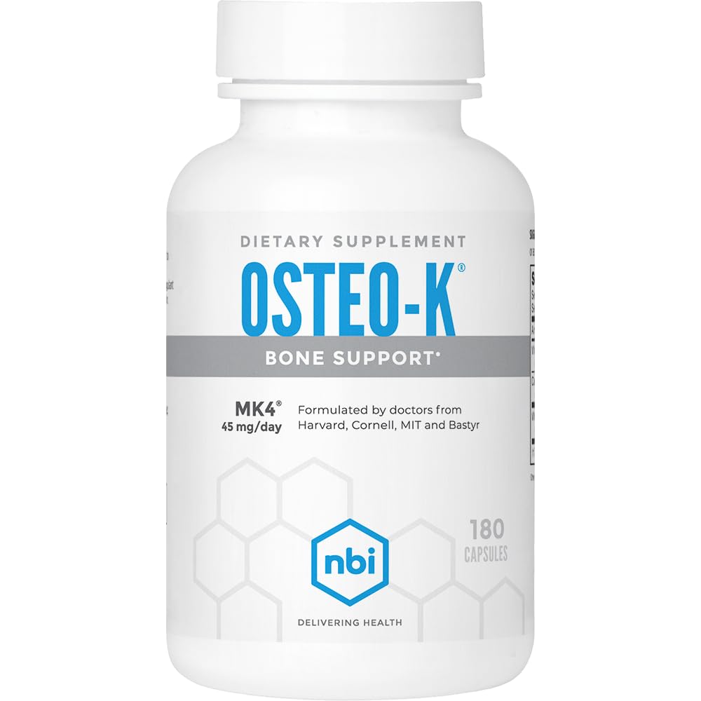 NBI Osteo-K bottle front, capsules visible, highlighting bone support formula.