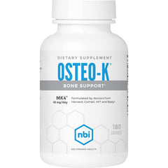 NBI Osteo-K bottle front, capsules visible, highlighting bone support formula.