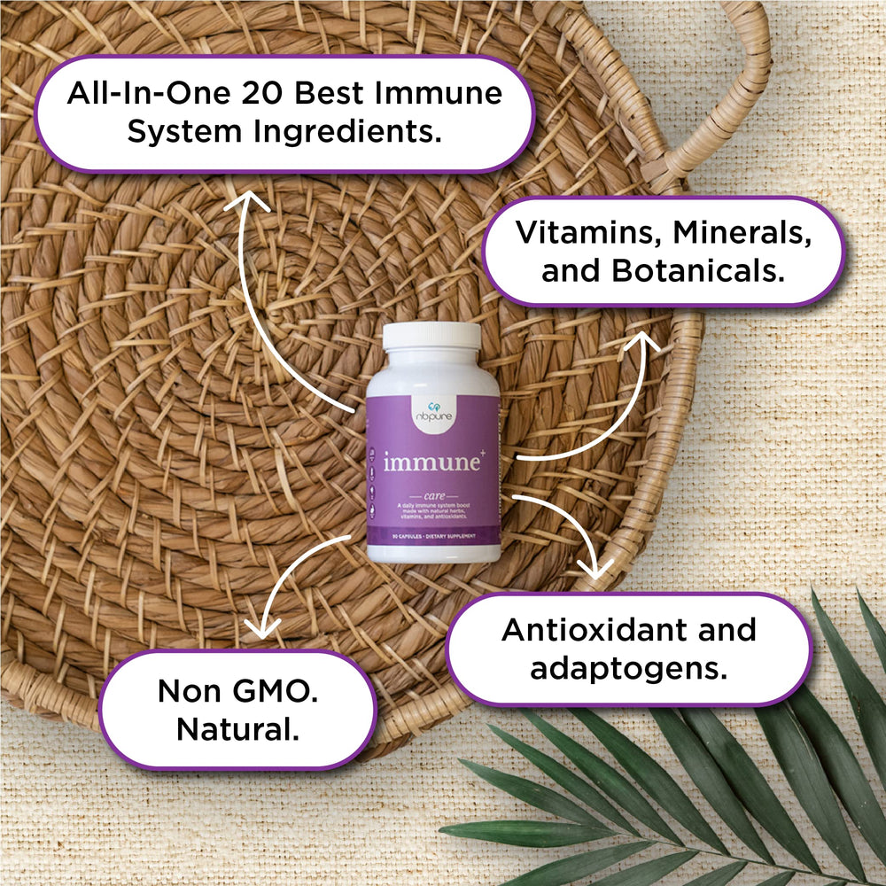 nbpure Immune+ ingredients scene with botanicals and antioxidants.