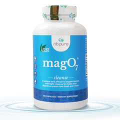 nbpure MagO7 bottle on nightstand for overnight digestive reset.