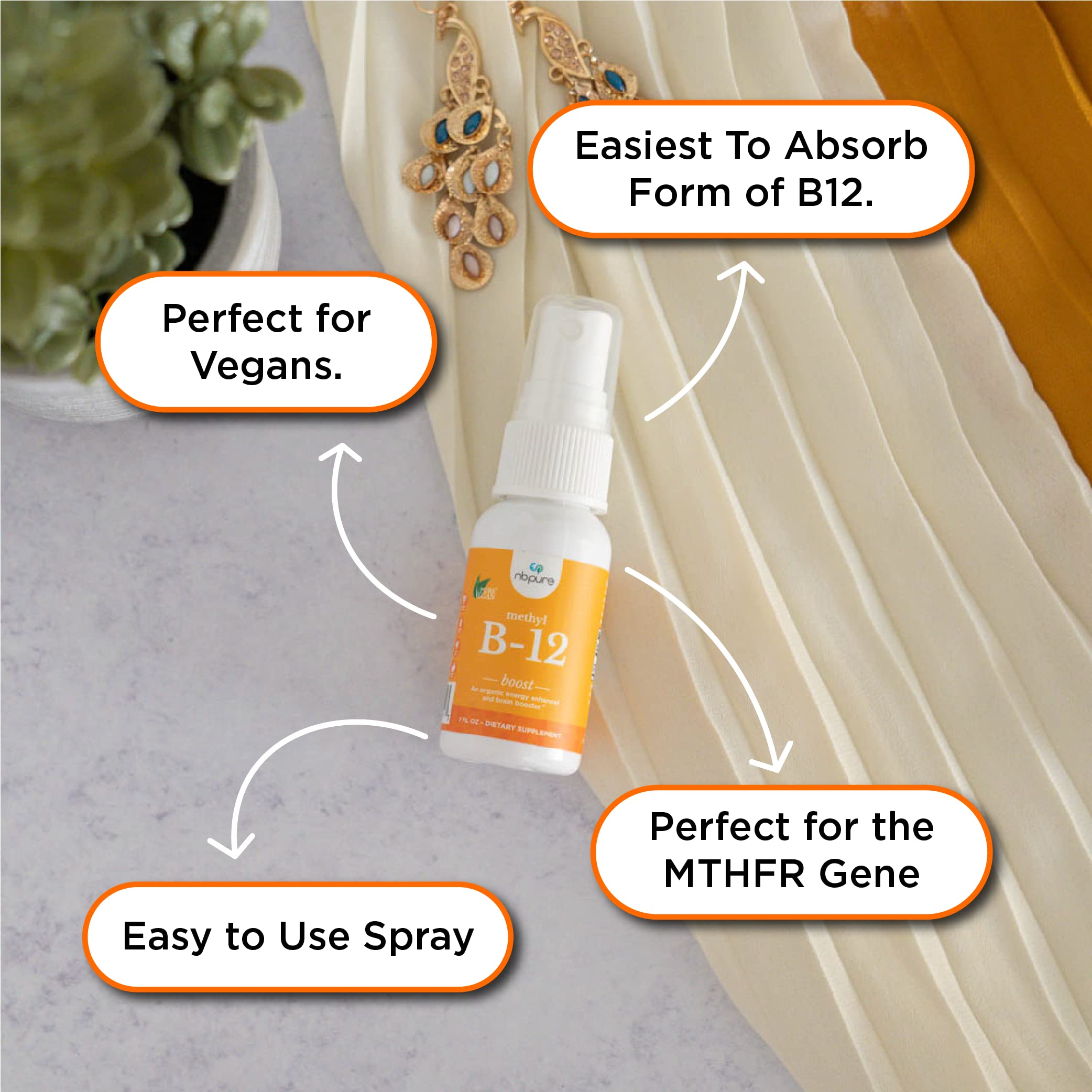 nbpure Organic Methyl B12 spray dosage image emphasizes 500 mcg per spray