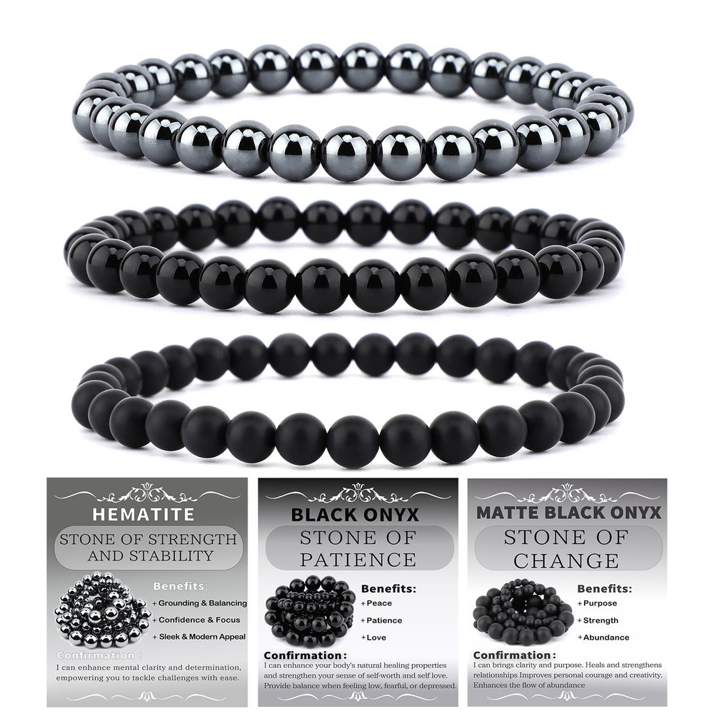 NCB three-piece bracelets on wrist with onyx and hematite for focus