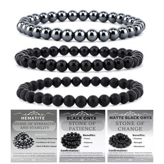 NCB three-piece bracelets on wrist with onyx and hematite for focus