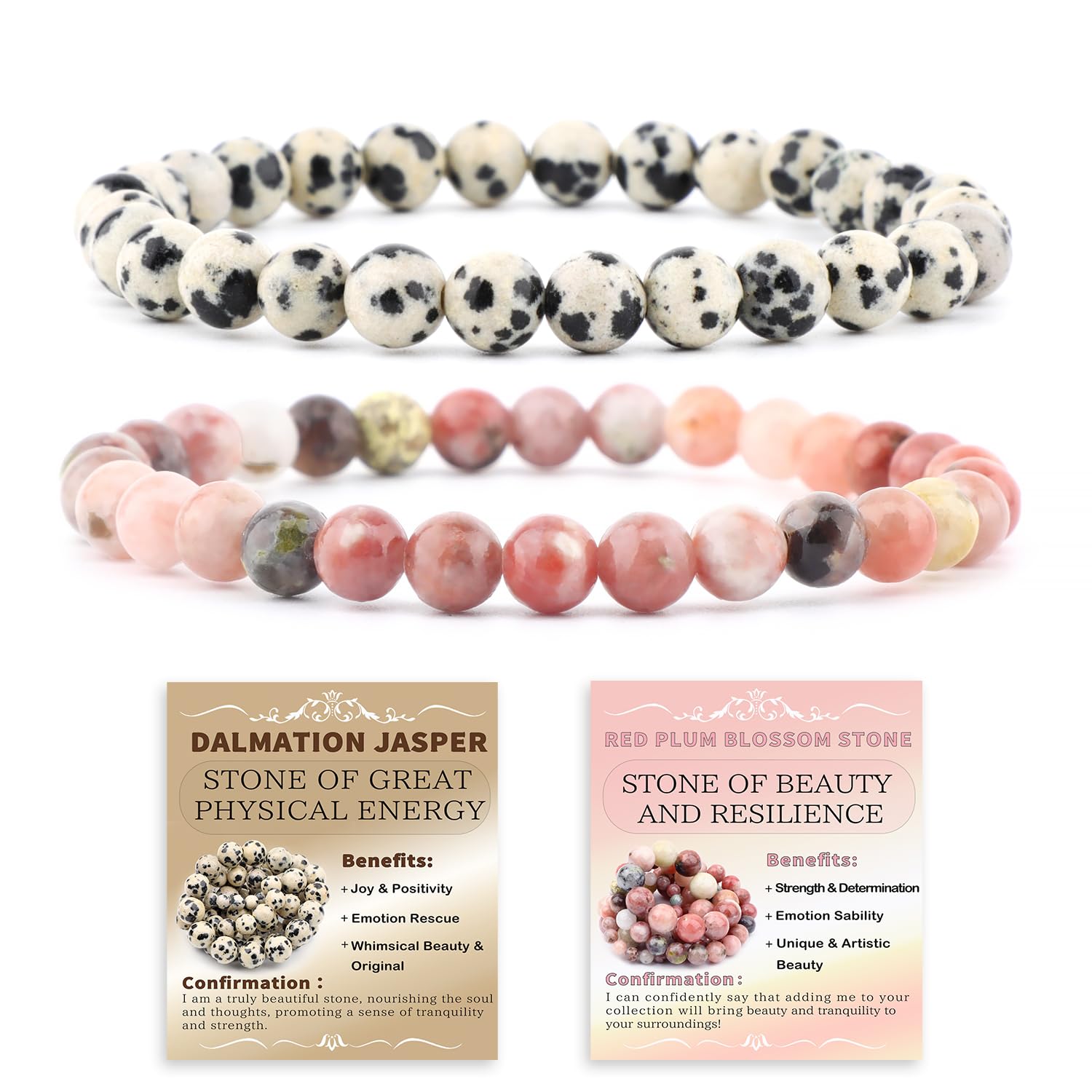 NCB dalmatian jasper bracelet pack on display, showcasing natural stone patterns.
