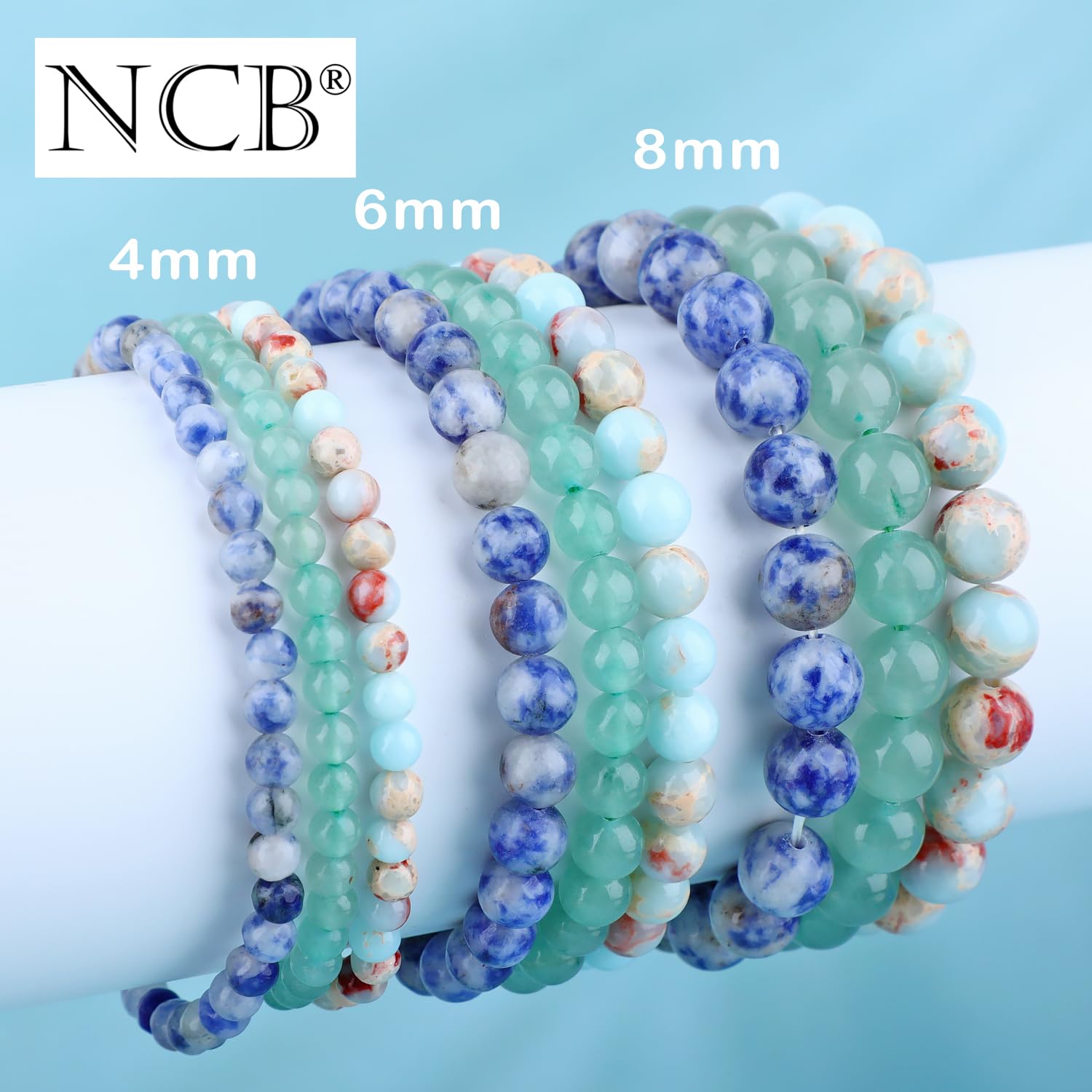 NCB Handmade stretch bracelets closeup crafted with natural gemstones.