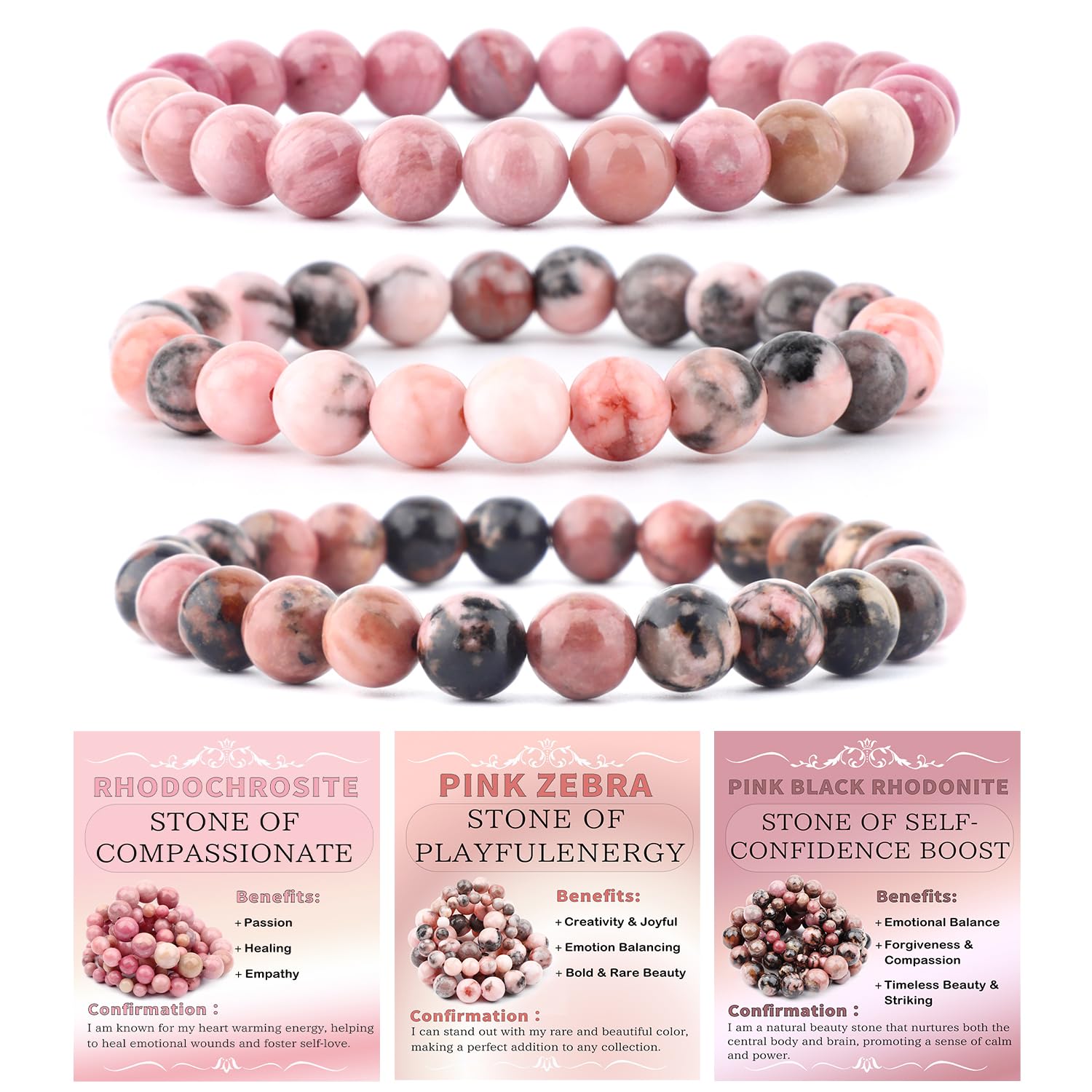 NCB Rhodochrosite bracelet close-up highlighting warm pink tones for confident style.