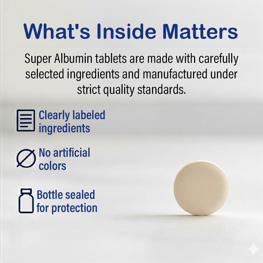 NCB Super Albumin bottle open with tablets for everyday dosing.