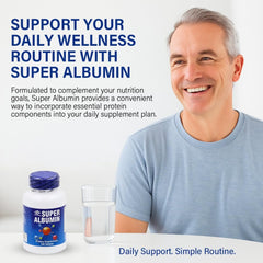 NCB Super Albumin tablets closeup highlighting hydrolyzed protein for muscle maintenance.