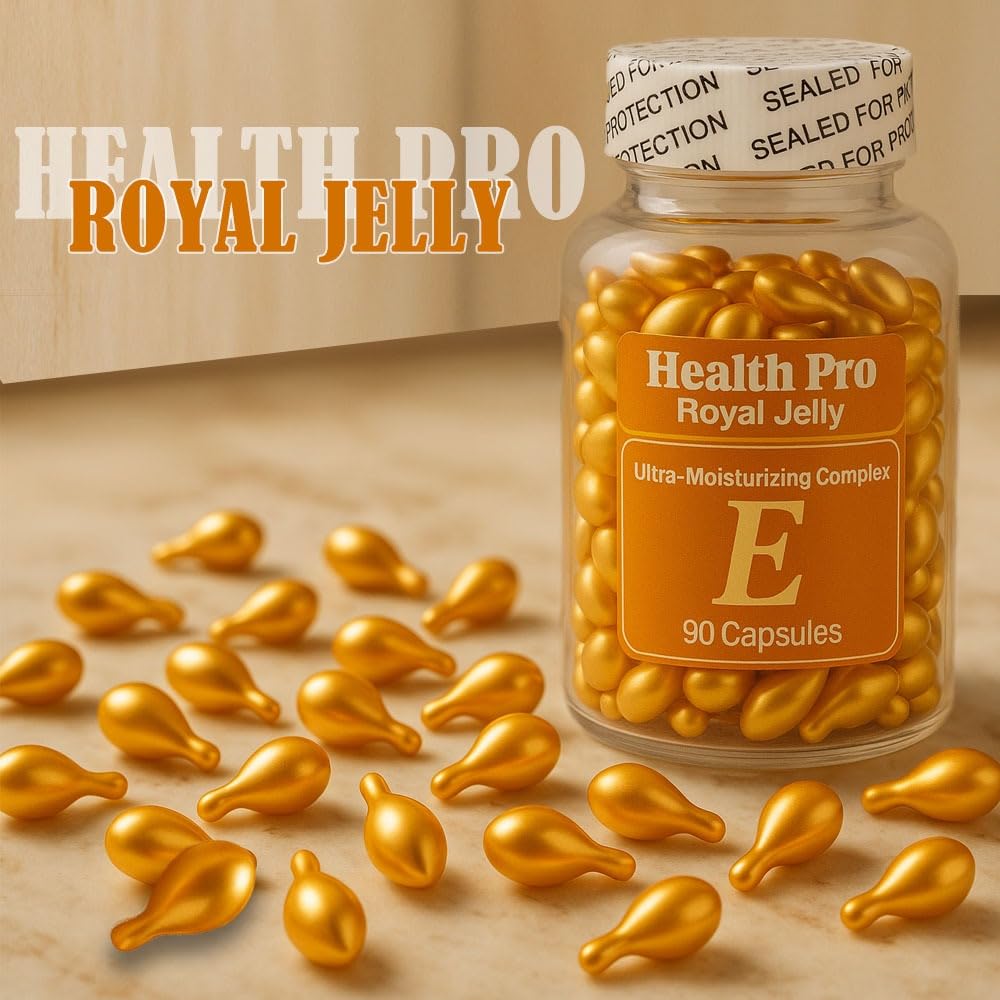 Vitamin E oil capsules with sunflower, camellia, and soybean oils for skincare.