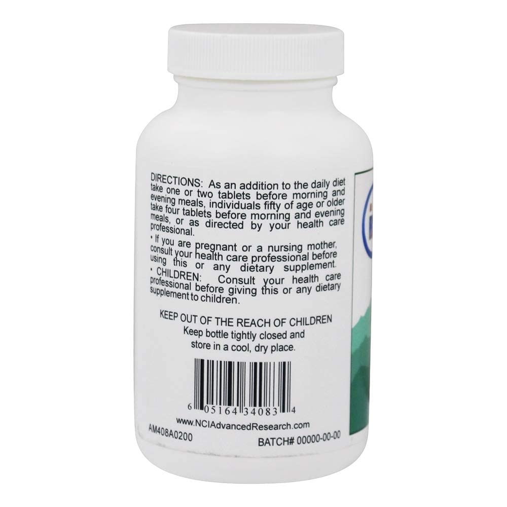 NCI Advanced Research label detail emphasizing 500 mg content and 200-count supply.