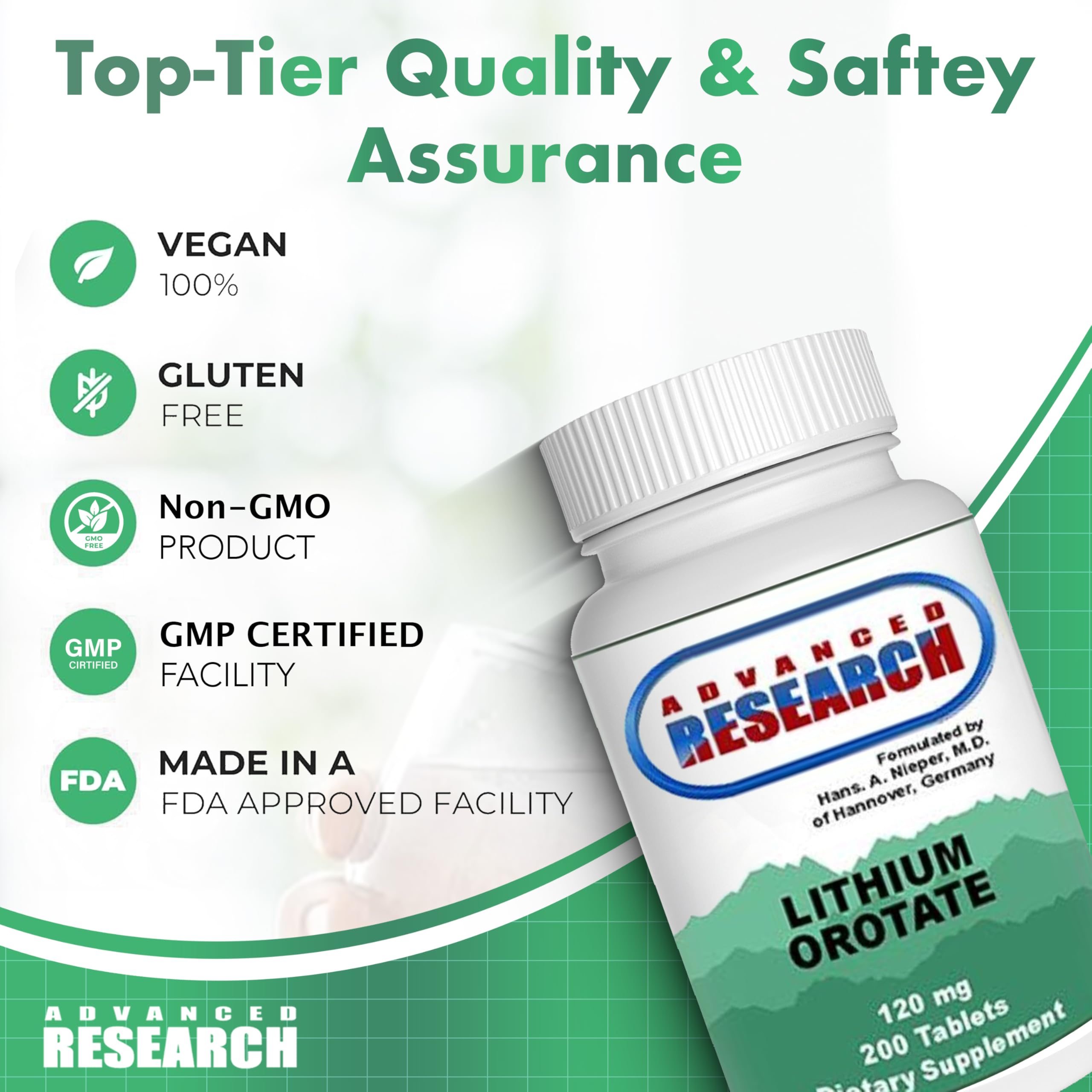 NCI Advanced Research bottle against GMP-certified facility label.