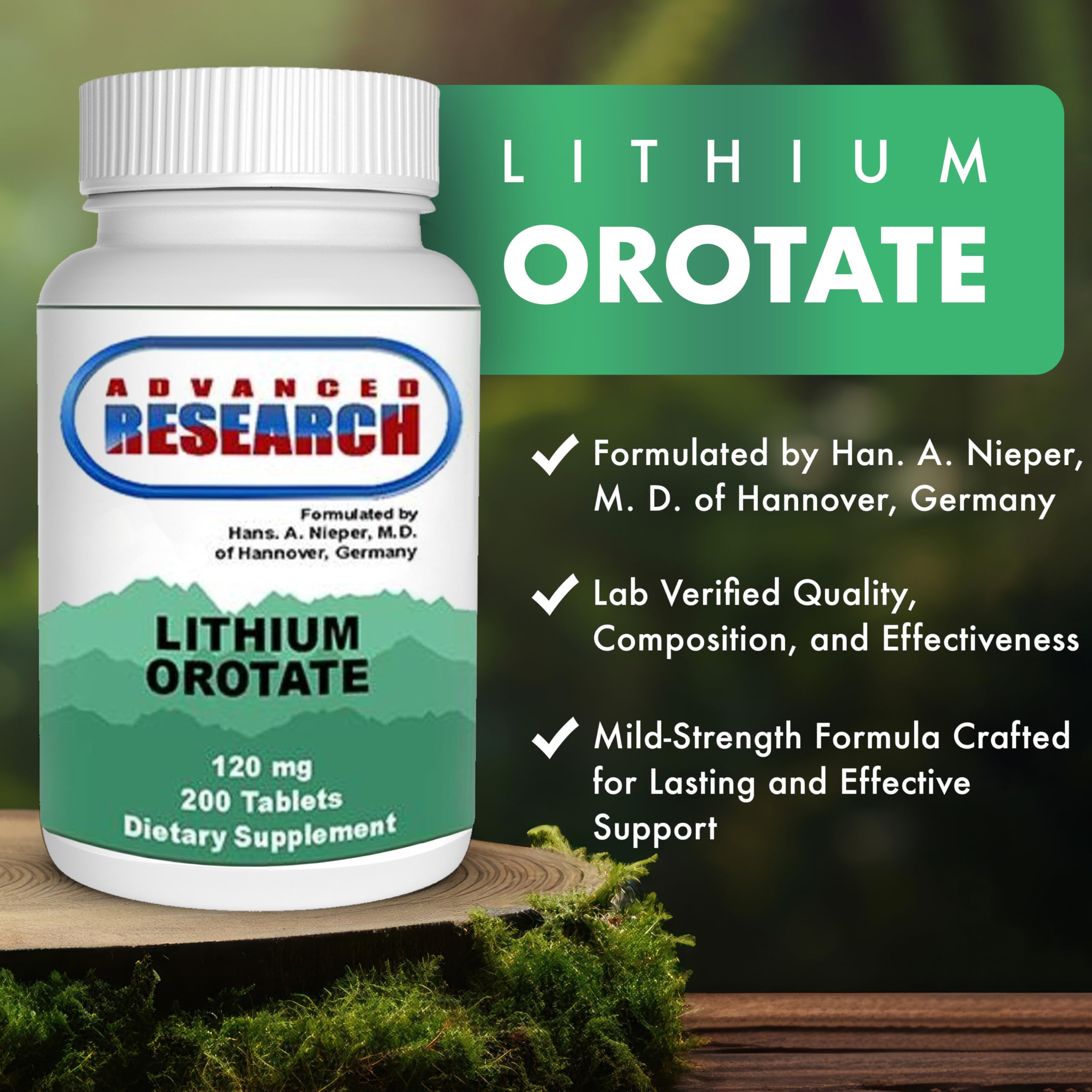 NCI Advanced Research lithium orotate label close-up with lab-tested promise.